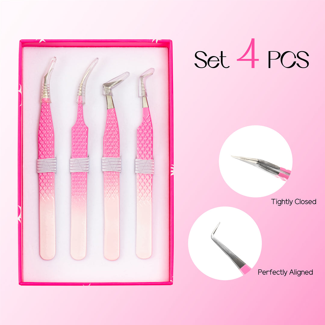 Ombre Pink-White Professional Eyelash Extensions Tweezers Kit USA2