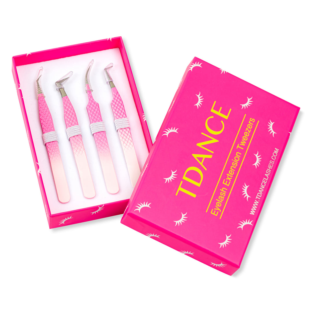 Ombre Pink-White Professional Eyelash Extensions Tweezers Kit USA
